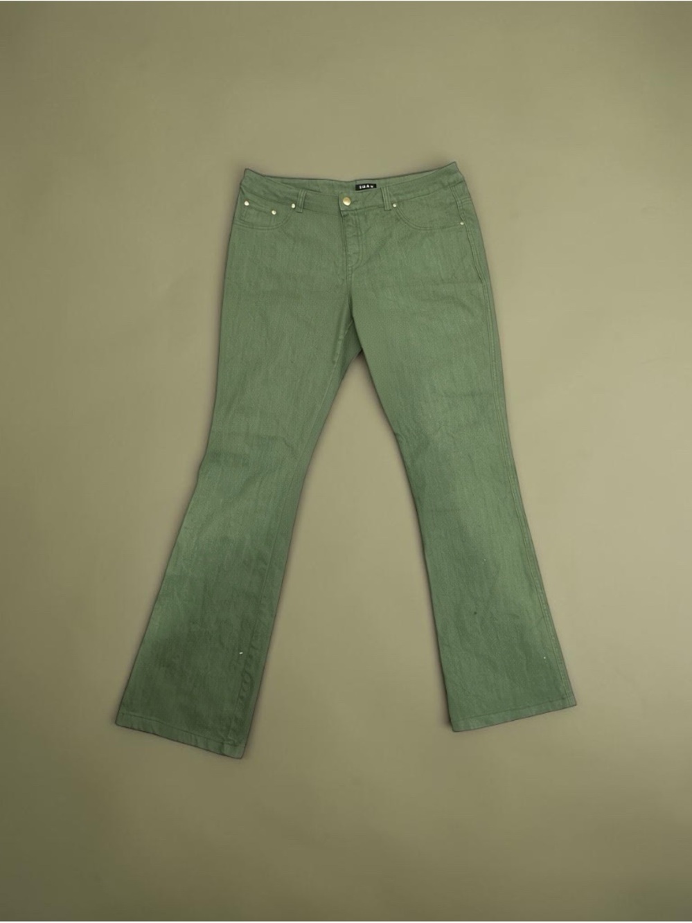 Iman Global Chic Olive Green Flare Jeans Size Large Studded Pockets